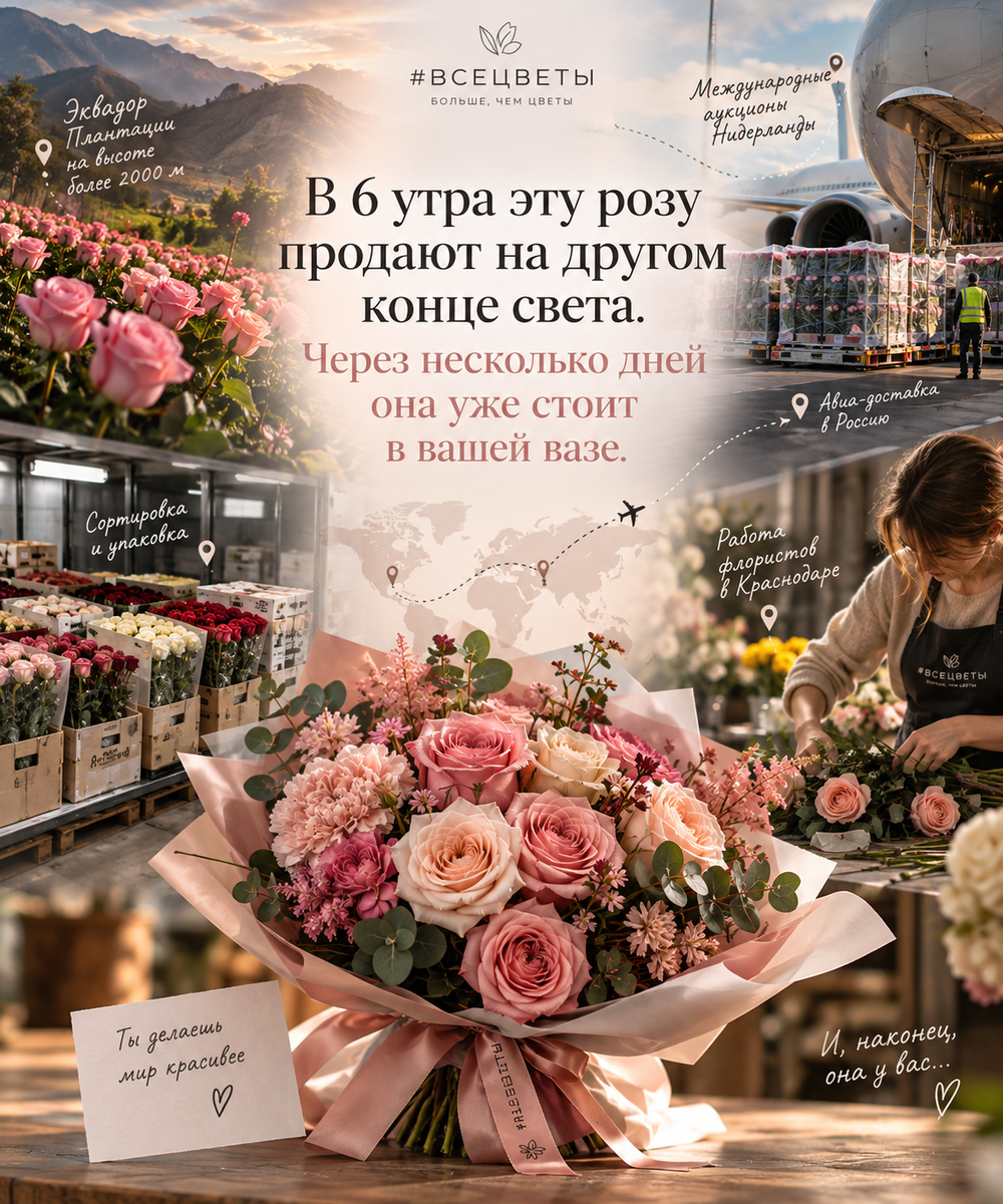 В 6 утра эту розу продают на другом конце света. Через несколько дней она уже стоит в вашей вазе